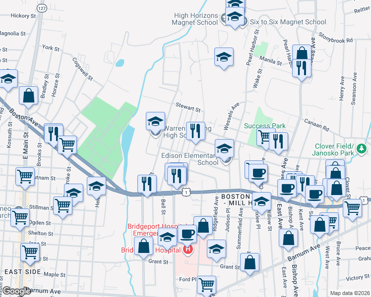 map of restaurants, bars, coffee shops, grocery stores, and more near 216 Remington Street in Bridgeport