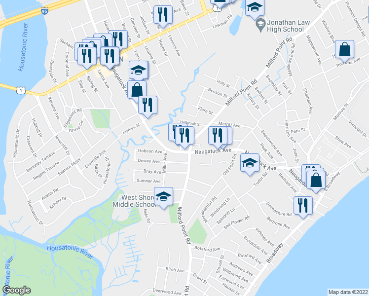 map of restaurants, bars, coffee shops, grocery stores, and more near 333 Naugatuck Avenue in Milford