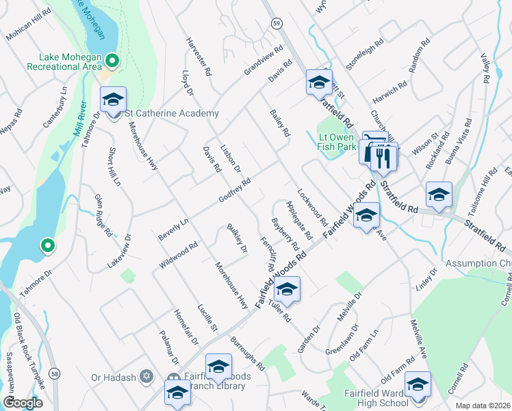 map of restaurants, bars, coffee shops, grocery stores, and more near 261 Ferncliff Road in Fairfield