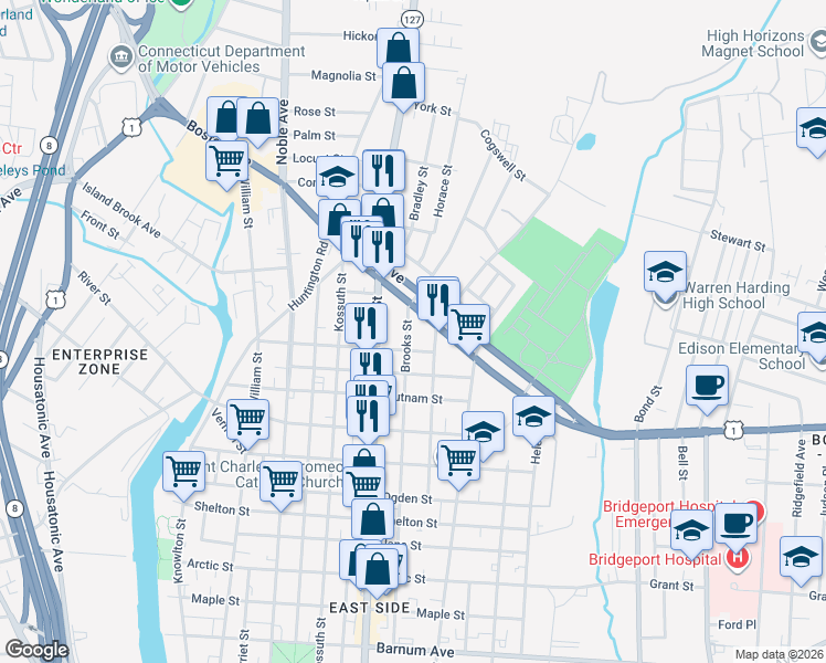 map of restaurants, bars, coffee shops, grocery stores, and more near 740 Brooks Street in Bridgeport