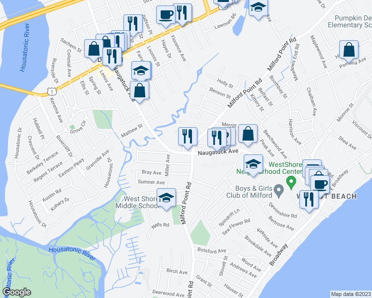 map of restaurants, bars, coffee shops, grocery stores, and more near 335 Naugatuck Avenue in Milford