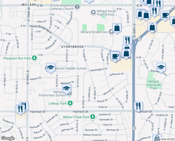 map of restaurants, bars, coffee shops, grocery stores, and more near 6206 South 150th Street in Omaha