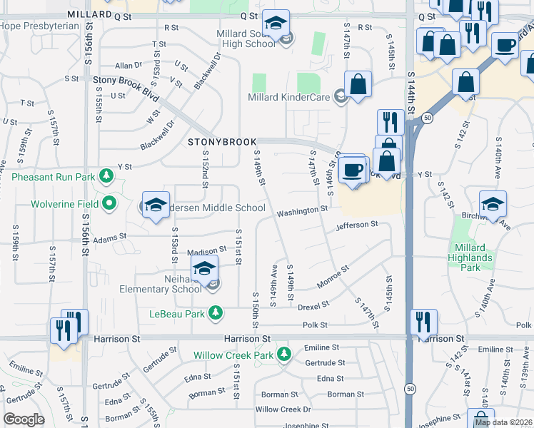 map of restaurants, bars, coffee shops, grocery stores, and more near 6206 South 150th Street in Omaha