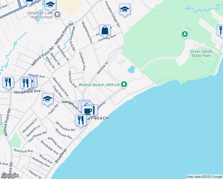 map of restaurants, bars, coffee shops, grocery stores, and more near 15 Shea Avenue in Milford