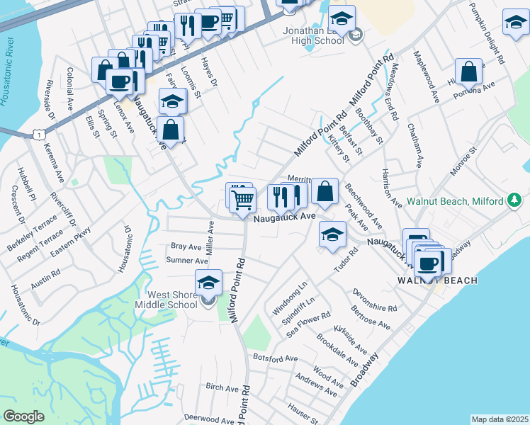 map of restaurants, bars, coffee shops, grocery stores, and more near 286 Naugatuck Avenue in Milford