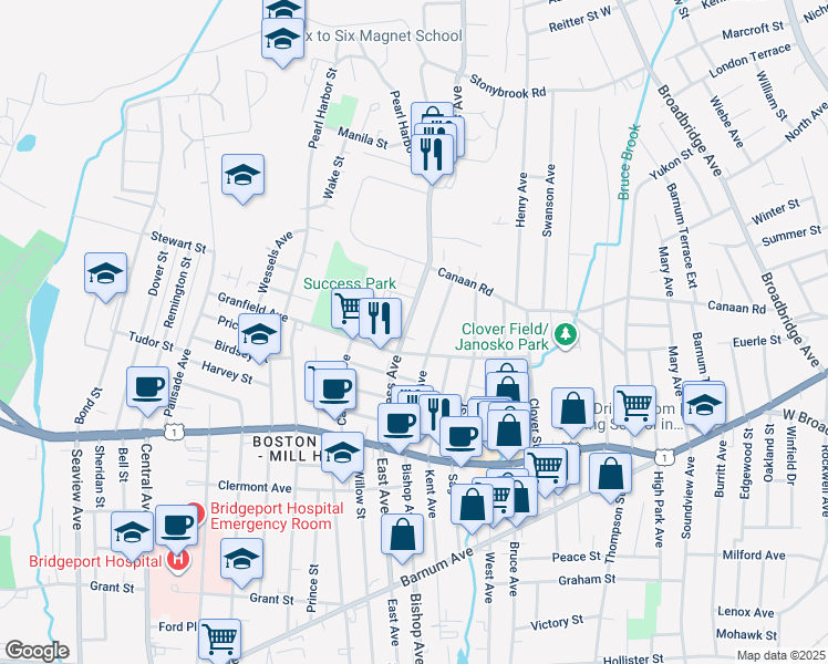 map of restaurants, bars, coffee shops, grocery stores, and more near 222 North Bishop Avenue in Bridgeport