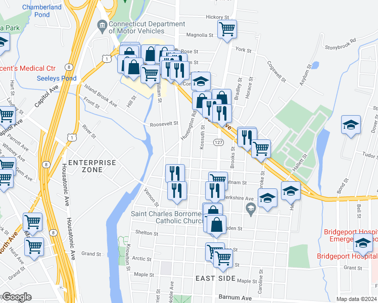 map of restaurants, bars, coffee shops, grocery stores, and more near in Bridgeport