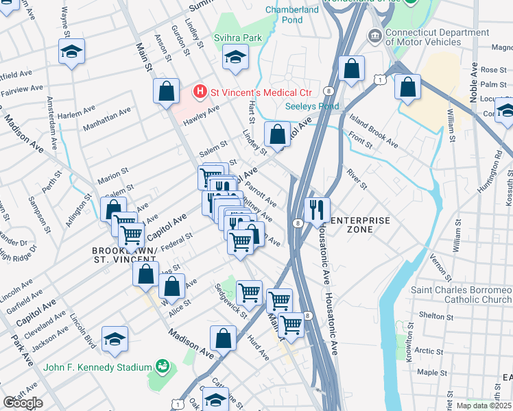 map of restaurants, bars, coffee shops, grocery stores, and more near 148 Whitney Avenue in Bridgeport