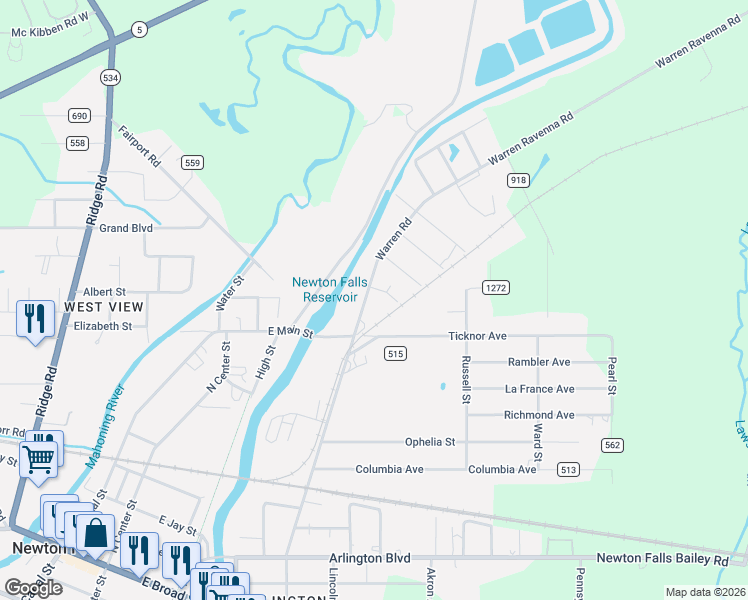 map of restaurants, bars, coffee shops, grocery stores, and more near 328 Grant Avenue in Newton Falls