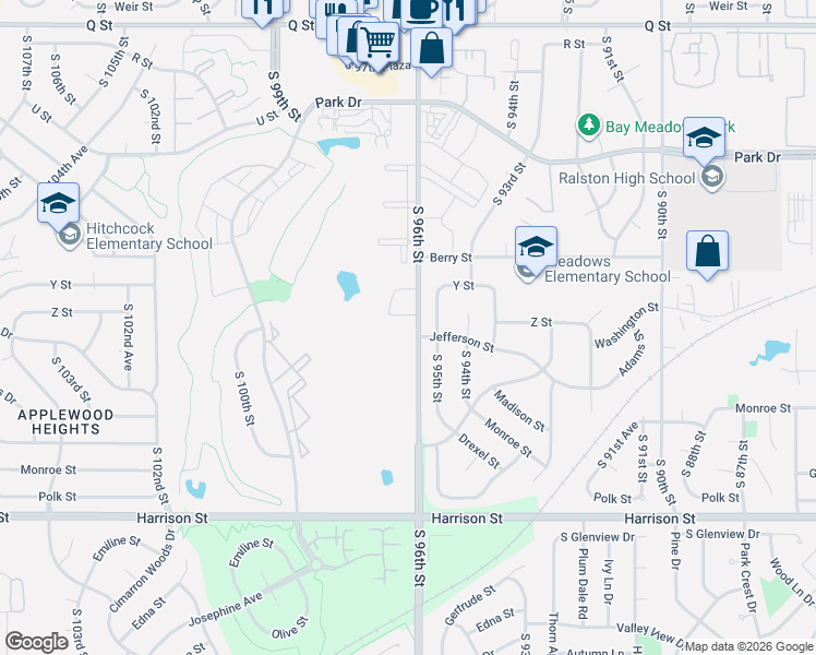map of restaurants, bars, coffee shops, grocery stores, and more near 6300 South 96th Street in Omaha