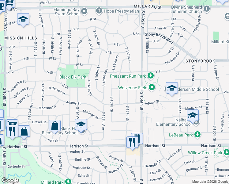 map of restaurants, bars, coffee shops, grocery stores, and more near 6207 South 159th Street in Omaha