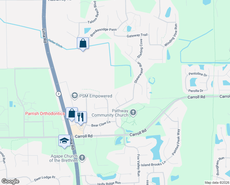 map of restaurants, bars, coffee shops, grocery stores, and more near 12321 Jacobas Place in Fort Wayne