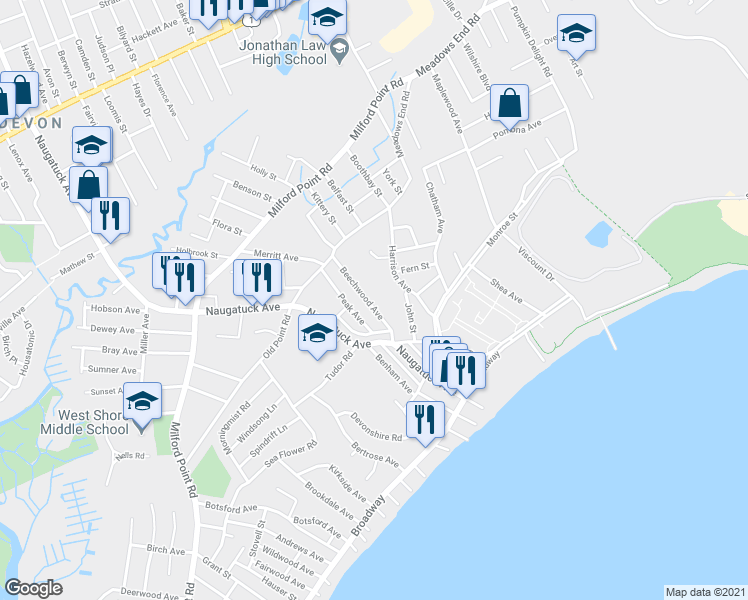 map of restaurants, bars, coffee shops, grocery stores, and more near 25 Beechwood Avenue in Milford