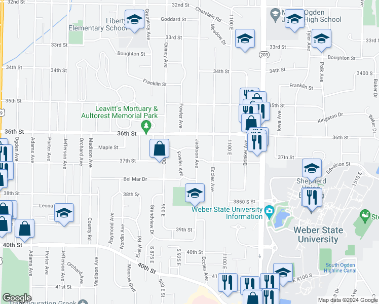 map of restaurants, bars, coffee shops, grocery stores, and more near 3704 Fowler Avenue in Ogden