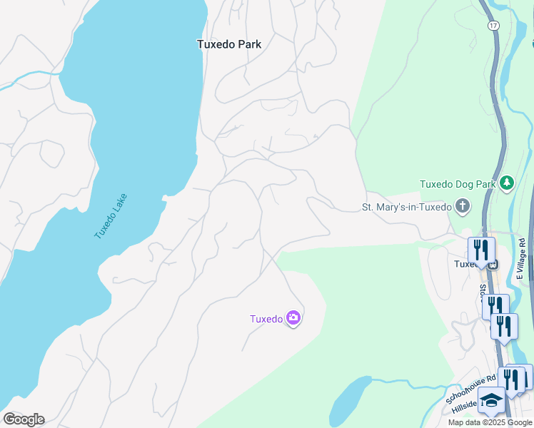 map of restaurants, bars, coffee shops, grocery stores, and more near 12 Ridge Road in Tuxedo Park