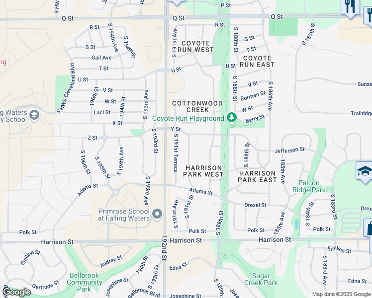 map of restaurants, bars, coffee shops, grocery stores, and more near 6104 South 191st Street in Omaha