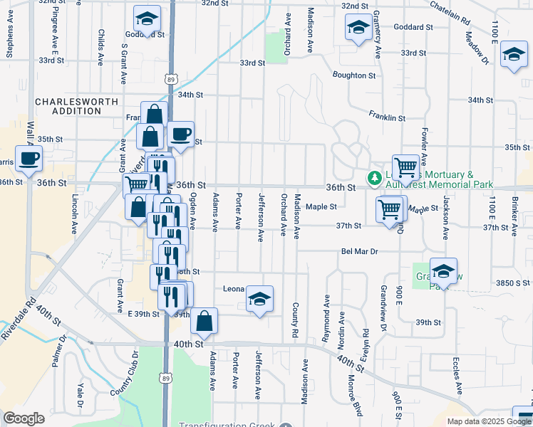 map of restaurants, bars, coffee shops, grocery stores, and more near 3658 Jefferson Avenue in Ogden