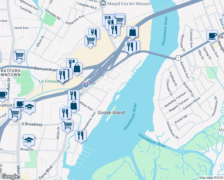 map of restaurants, bars, coffee shops, grocery stores, and more near 580 Housatonic Avenue in Stratford
