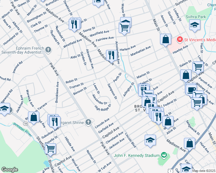 map of restaurants, bars, coffee shops, grocery stores, and more near 151 Sampson Street in Bridgeport