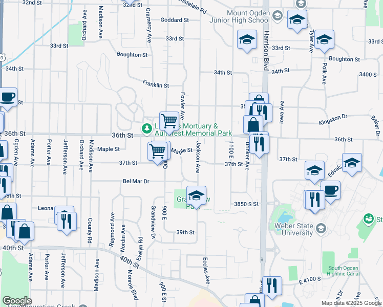 map of restaurants, bars, coffee shops, grocery stores, and more near 3704 Fowler Avenue in Ogden