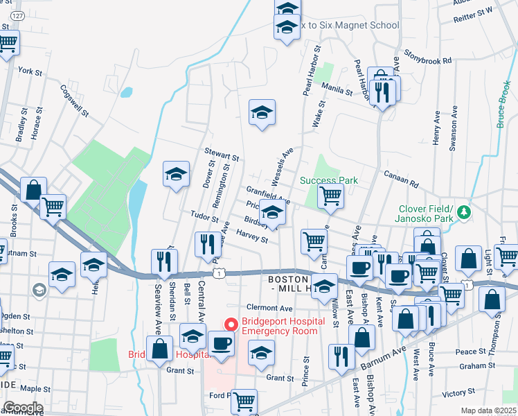 map of restaurants, bars, coffee shops, grocery stores, and more near 101 Birdsey Street in Bridgeport
