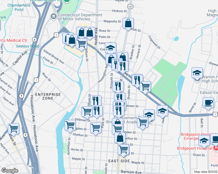 map of restaurants, bars, coffee shops, grocery stores, and more near 169 Spring Street in Bridgeport