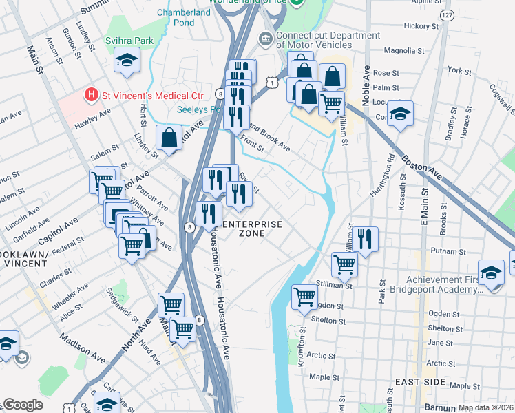 map of restaurants, bars, coffee shops, grocery stores, and more near 213 Merriam Street in Bridgeport