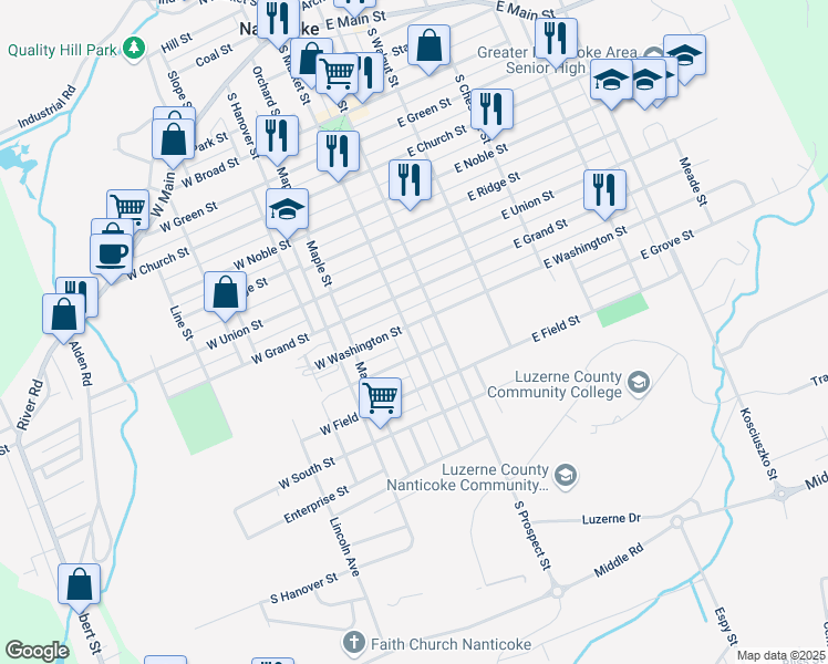 map of restaurants, bars, coffee shops, grocery stores, and more near 13 East Grove Street in Nanticoke