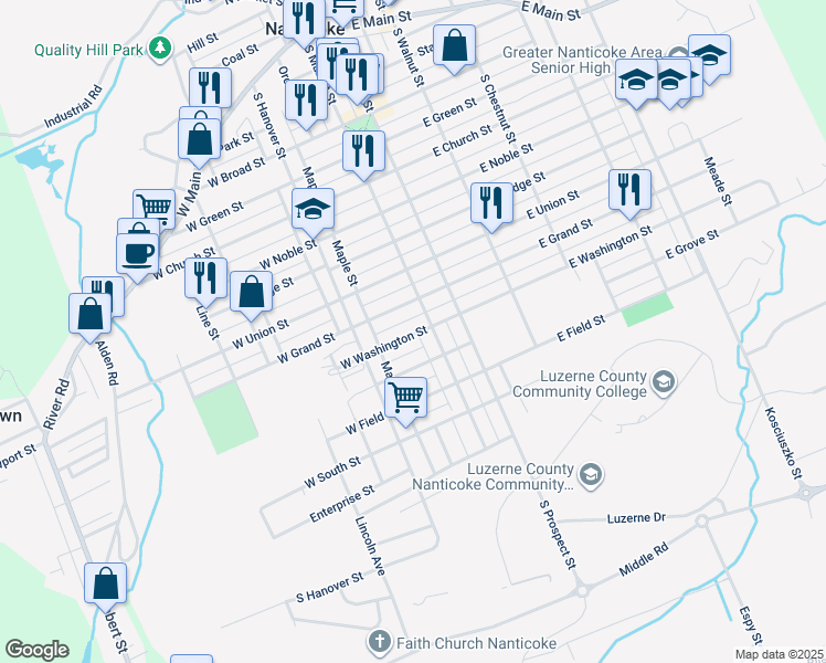 map of restaurants, bars, coffee shops, grocery stores, and more near 920 South Market Street in Nanticoke