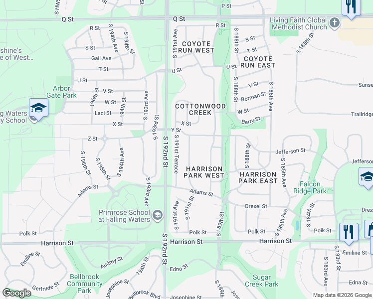 map of restaurants, bars, coffee shops, grocery stores, and more near 6131 South 191st Terrace in Omaha