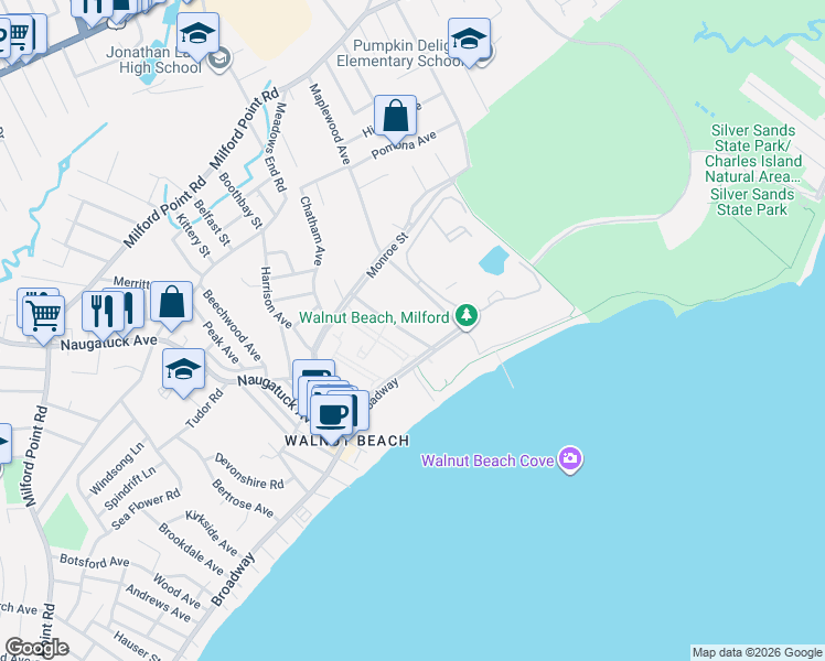 map of restaurants, bars, coffee shops, grocery stores, and more near 34 Shea Avenue in Milford