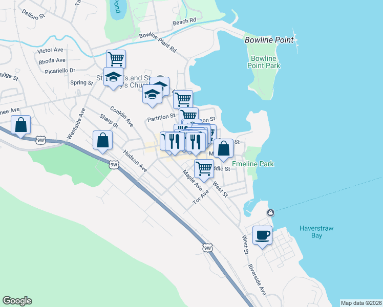 map of restaurants, bars, coffee shops, grocery stores, and more near 7 New Main Street in Haverstraw