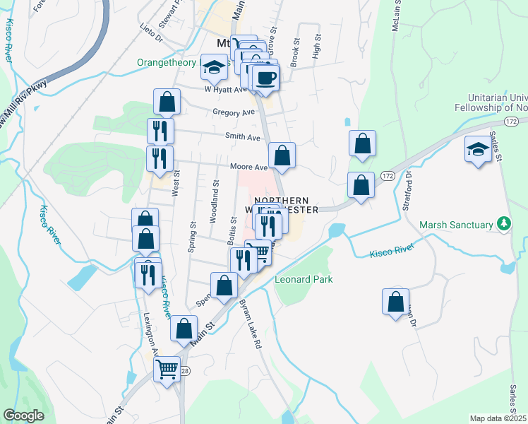 map of restaurants, bars, coffee shops, grocery stores, and more near 400 East Main Street in Mount Kisco