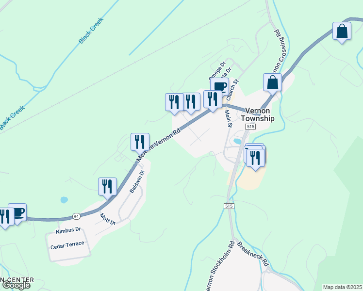 map of restaurants, bars, coffee shops, grocery stores, and more near 4 Odell Road in Vernon Township