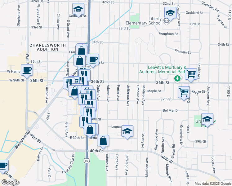map of restaurants, bars, coffee shops, grocery stores, and more near 3675 Porter Avenue in Ogden