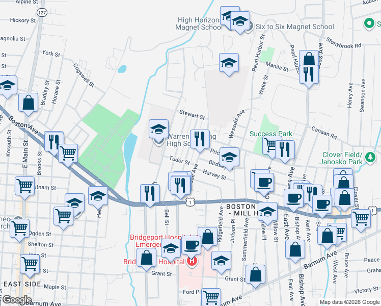 map of restaurants, bars, coffee shops, grocery stores, and more near 175 Remington Street in Bridgeport