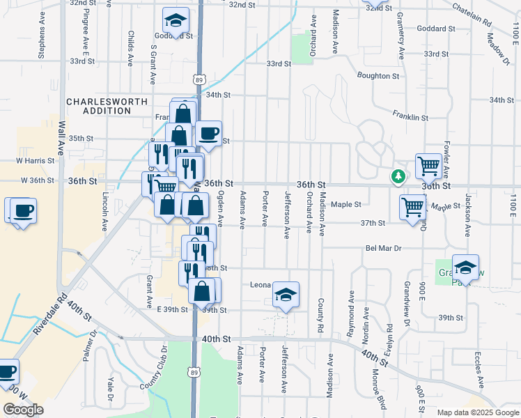 map of restaurants, bars, coffee shops, grocery stores, and more near 3675 Porter Avenue in Ogden