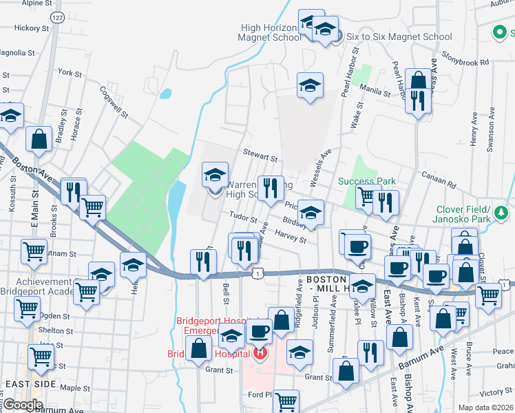 map of restaurants, bars, coffee shops, grocery stores, and more near 175 Remington Street in Bridgeport