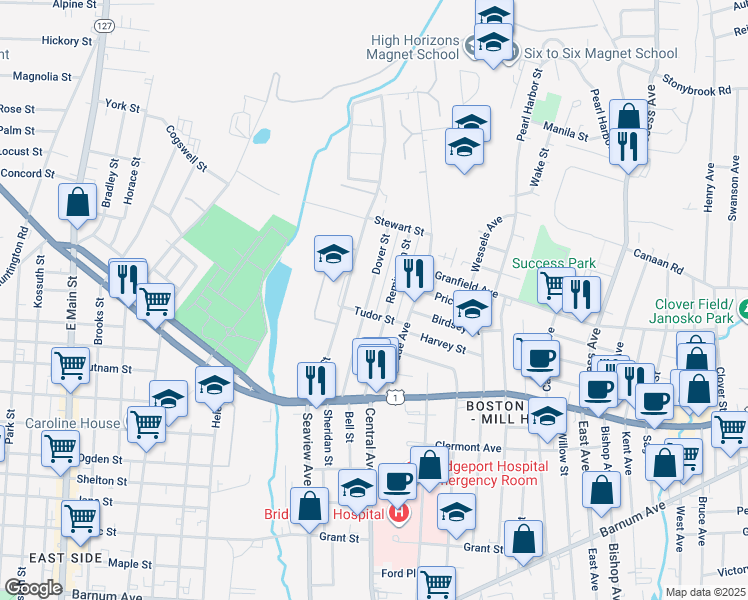 map of restaurants, bars, coffee shops, grocery stores, and more near 175 Remington Street in Bridgeport