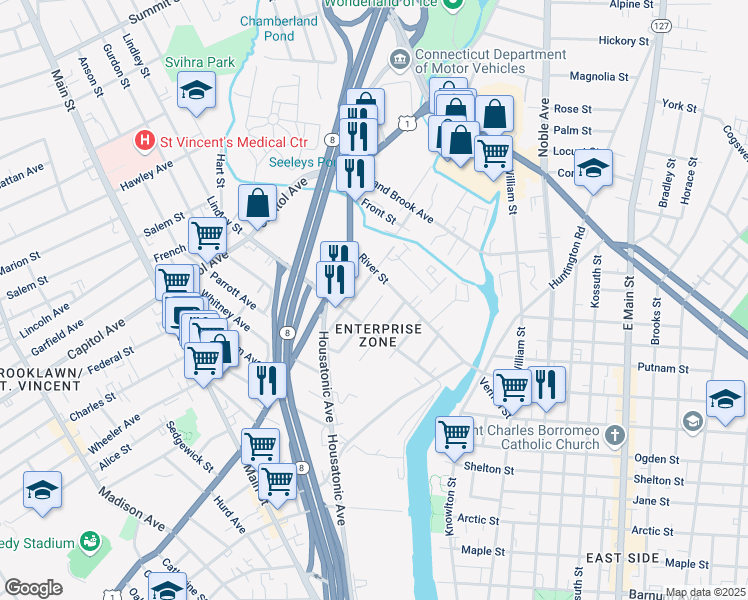 map of restaurants, bars, coffee shops, grocery stores, and more near 213 Merriam Street in Bridgeport