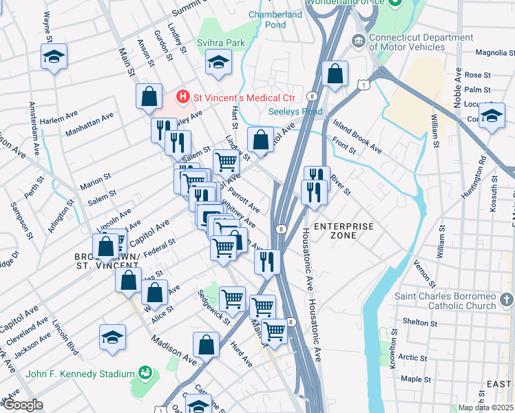 map of restaurants, bars, coffee shops, grocery stores, and more near 144 Whitney Avenue in Bridgeport