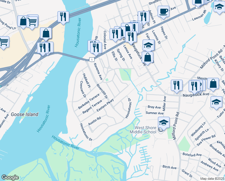 map of restaurants, bars, coffee shops, grocery stores, and more near 62 Eastern Parkway in Milford