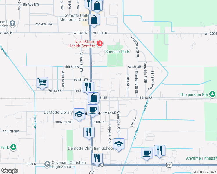 map of restaurants, bars, coffee shops, grocery stores, and more near 218 8th St SE in De Motte