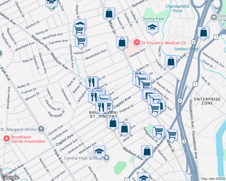 map of restaurants, bars, coffee shops, grocery stores, and more near 198 Lincoln Avenue in Bridgeport