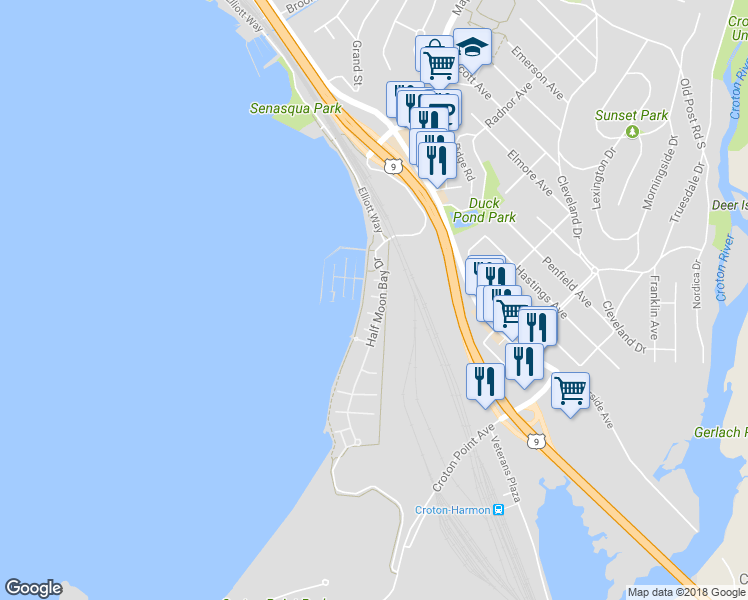 map of restaurants, bars, coffee shops, grocery stores, and more near 207 Half Moon Bay Drive in Croton-on-Hudson