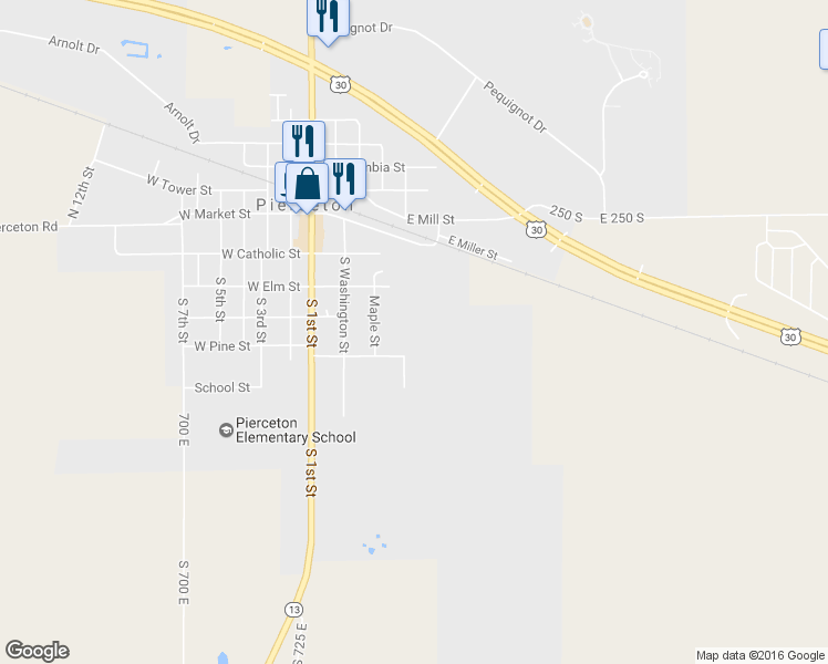 map of restaurants, bars, coffee shops, grocery stores, and more near 307 South Maple Street in Pierceton