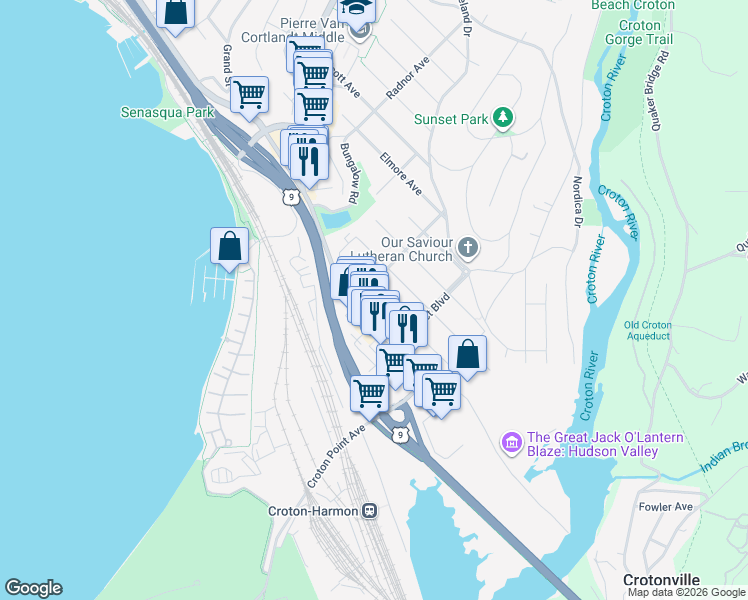 map of restaurants, bars, coffee shops, grocery stores, and more near 345 South Riverside Avenue in Croton-on-Hudson