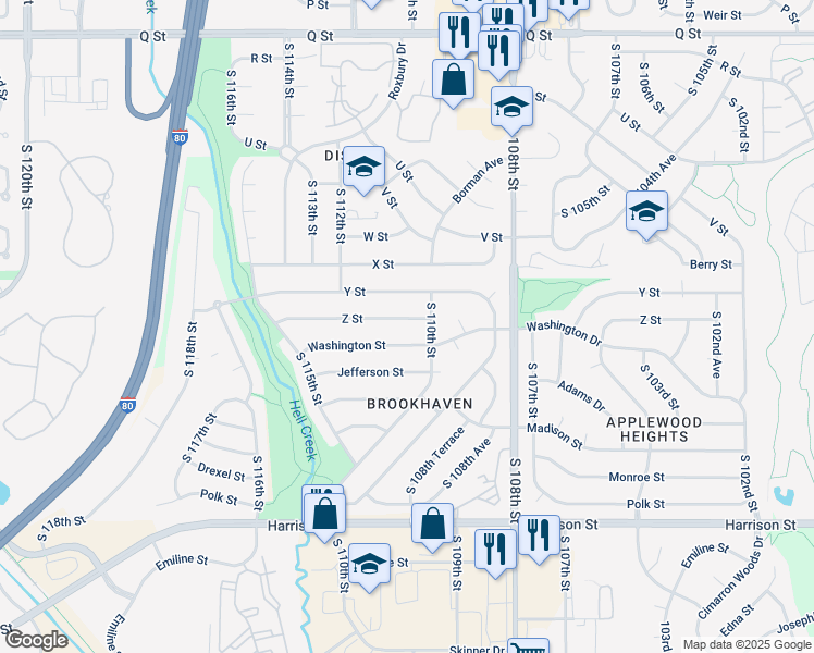 map of restaurants, bars, coffee shops, grocery stores, and more near 11017 Washington Street in Omaha