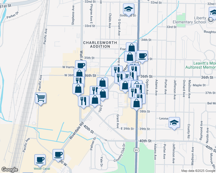 map of restaurants, bars, coffee shops, grocery stores, and more near 3697 Riverdale Road in South Ogden