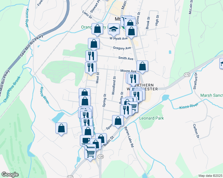 map of restaurants, bars, coffee shops, grocery stores, and more near 60 Woodland Street in Mount Kisco
